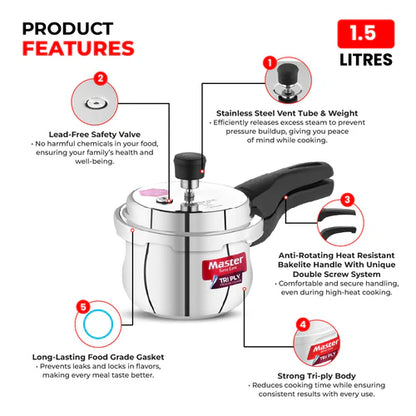 Master Robusta 1.5L Tri Ply Outer Lid Handi Pressure Cooker - Induction Base