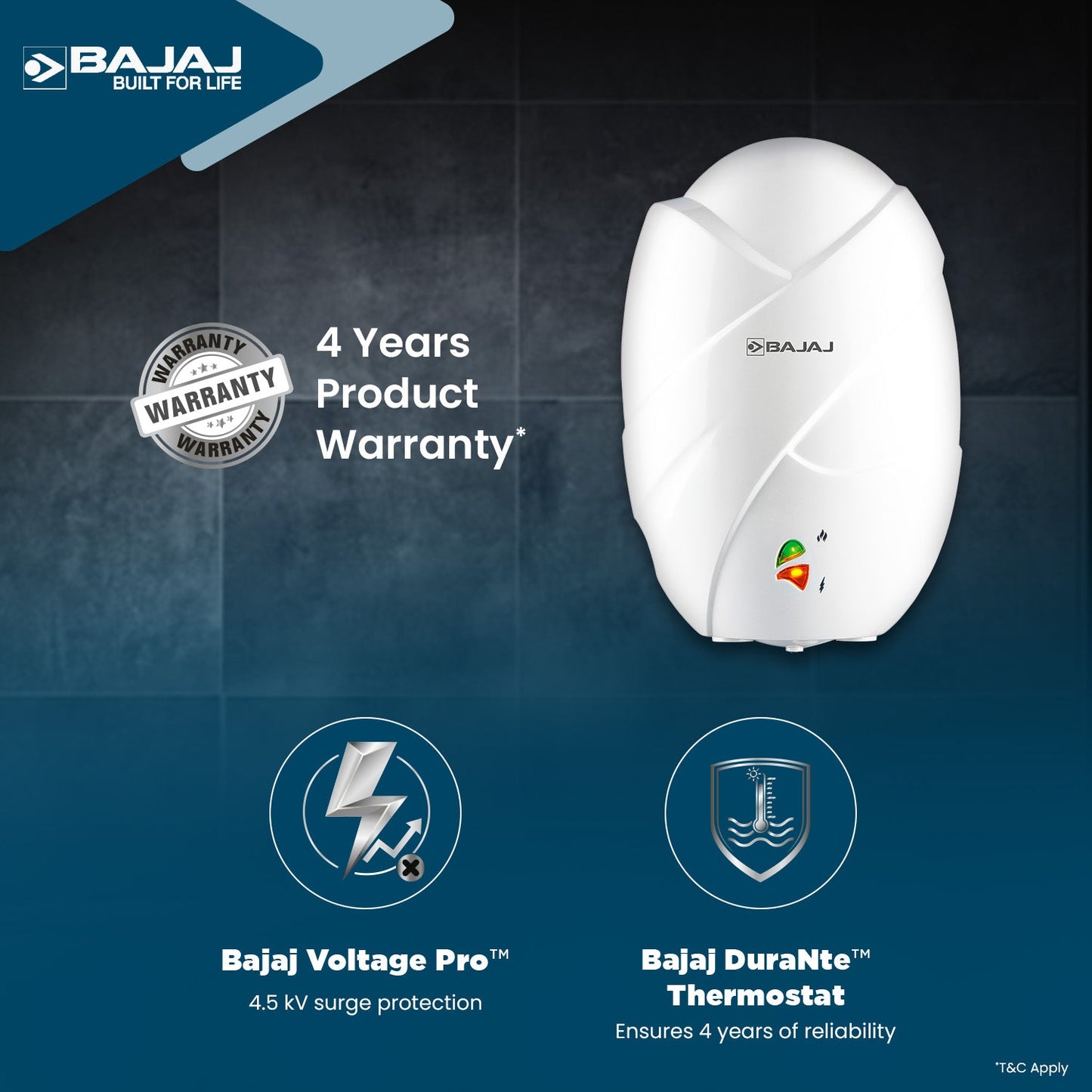 Bajaj Shield Series Splendora Plus 3L 3KW Vertical Instant Water Heater For Home | Geyser For Bathroom & Kitchen | High Grade SS Tank | Copper Heating Element | 4-Yr Product 6-Yr Element 5-Yr Tank Warranty 【White】