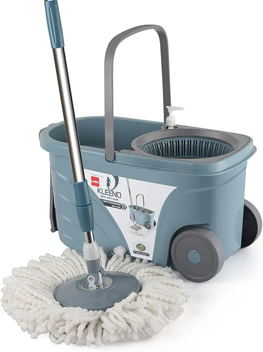 KLEENO by CELLO Deluxe Max Clean Bucket Spin Mop with Big Wheels and Stainless Steel Wringer, with Soap Dispenser Slot