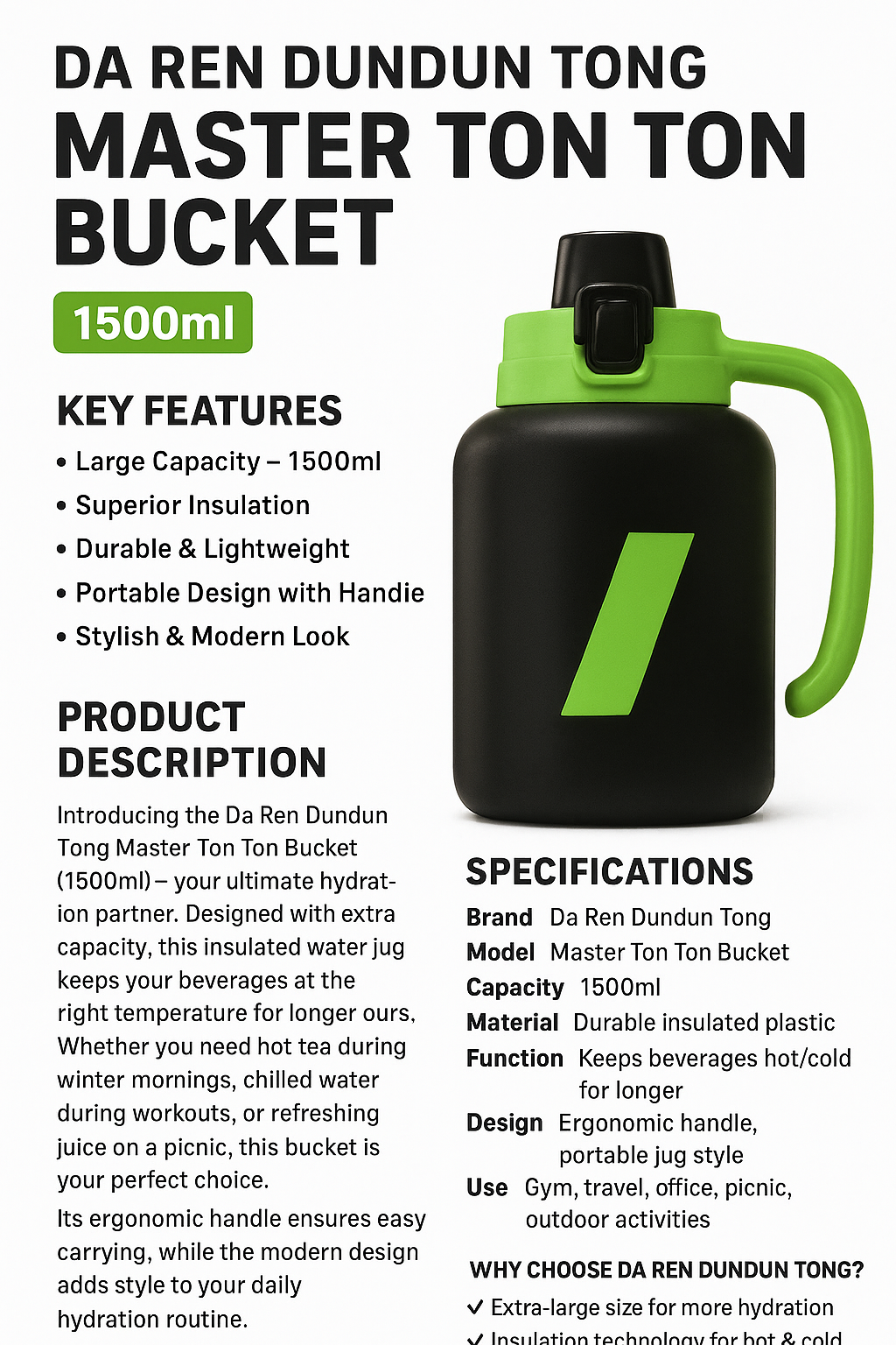 Da Ren Dundun Tong Master Ton Ton Bucket – 1500ml Large Capacity Insulated Water Bottle | Long-Lasting Warmth & Hydration | Portable Jug with Handle