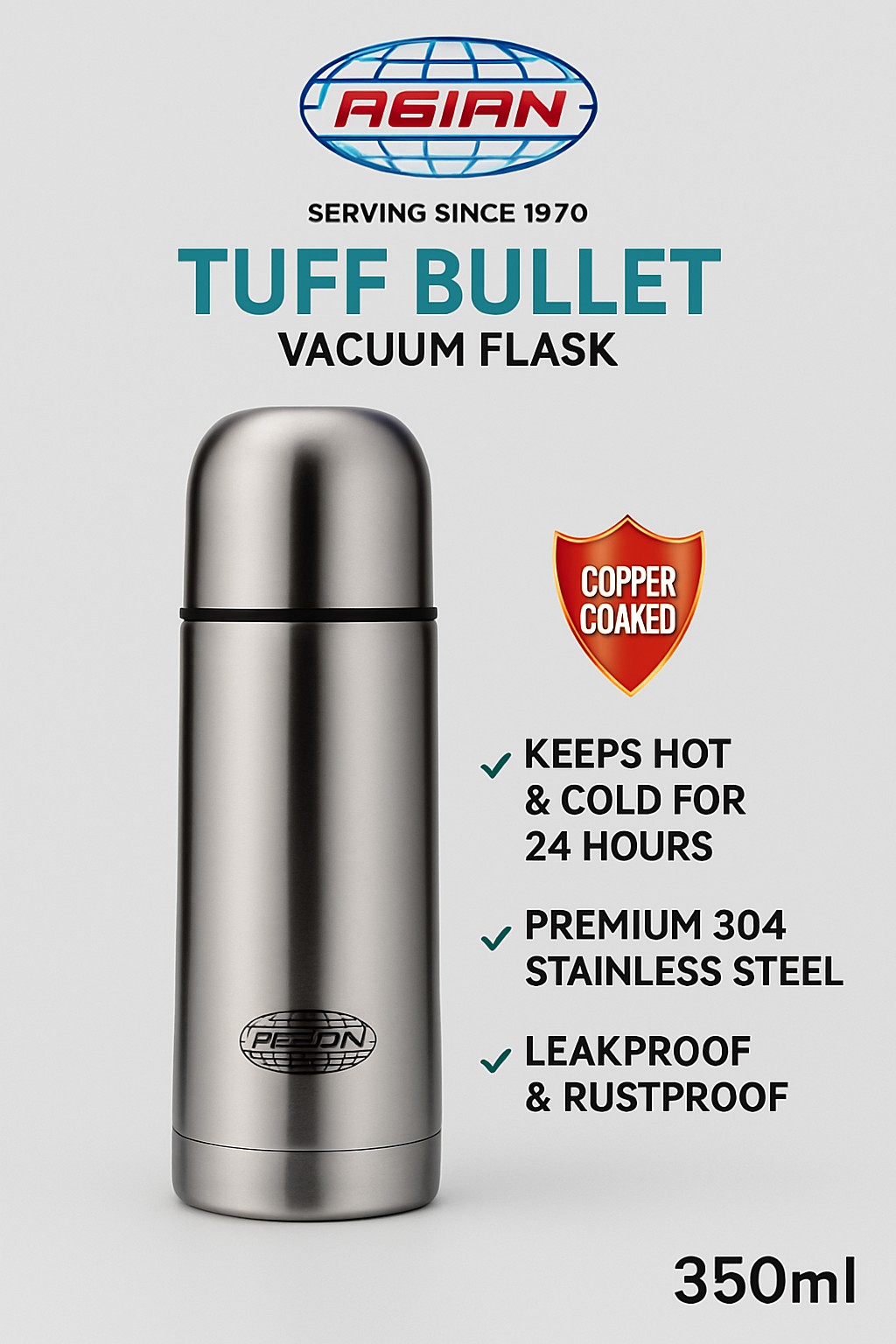 Asian TUFF BULLET 350ml Vacuum Insulated Flask | 18/8 Stainless Steel | Hot & Cold for 24 Hours | Copper Coated | Leakproof & Rustproof | 1 Year Warranty
