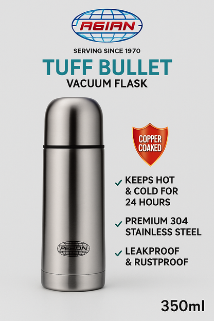 Asian TUFF BULLET 350ml Vacuum Insulated Flask | 18/8 Stainless Steel | Hot & Cold for 24 Hours | Copper Coated | Leakproof & Rustproof | 1 Year Warranty