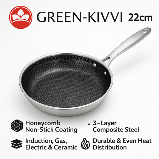 Green-Kivvi 22cm Frying Pan with Honeycomb Non-Stick Coating | 3-Layer Composite Steel | Induction, Gas, Electric & Ceramic Compatible | Durable & Even Heat Distribution