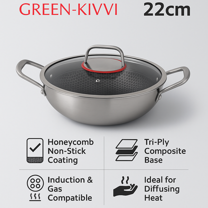 Green-Kivvi 22cm Stainless Steel Kadhai with Lid | Honeycomb Non-Stick Coating | Tri-Ply Composite Base | Induction & Gas Compatible | Silver