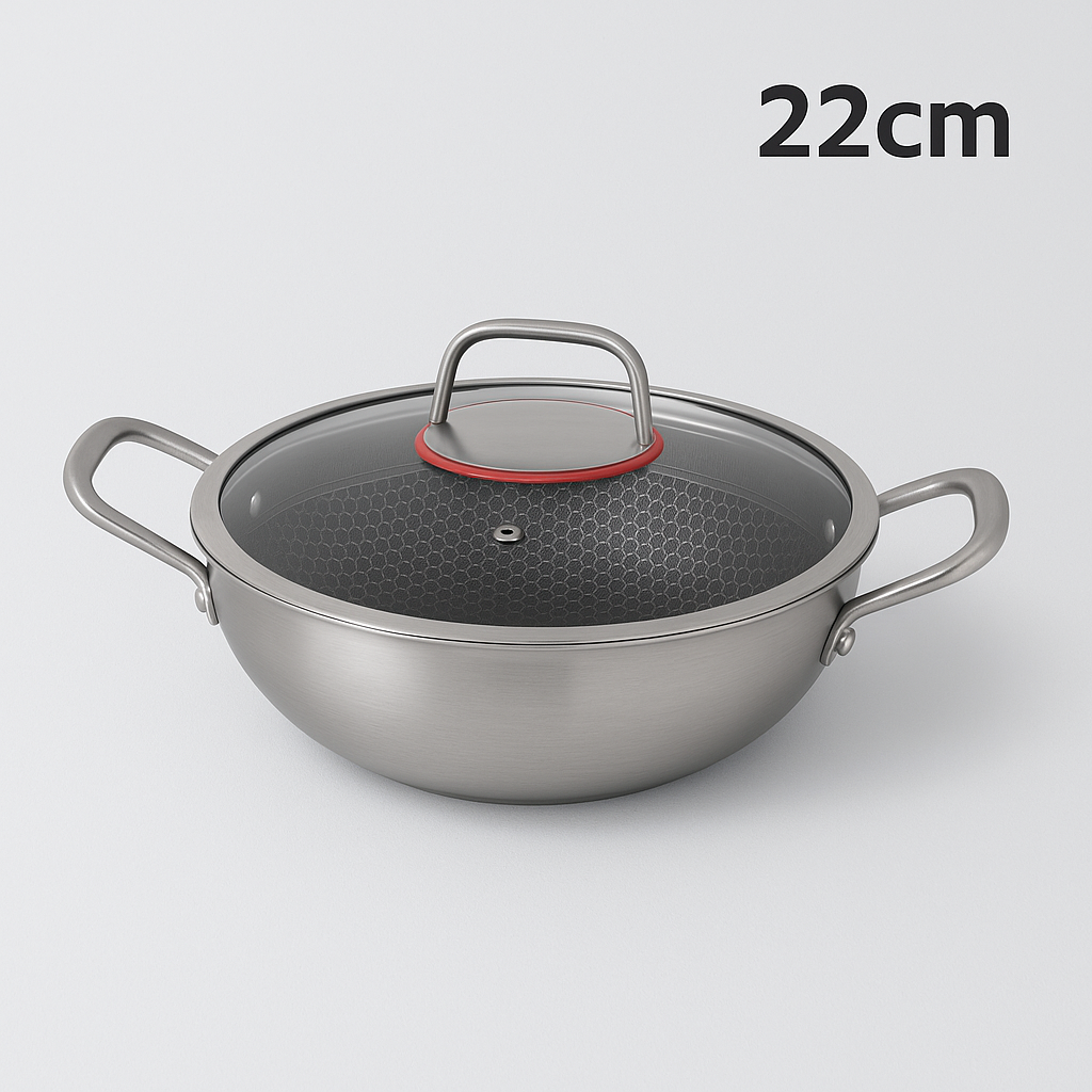 Green-Kivvi 22cm Stainless Steel Kadhai with Lid | Honeycomb Non-Stick Coating | Tri-Ply Composite Base | Induction & Gas Compatible | Silver