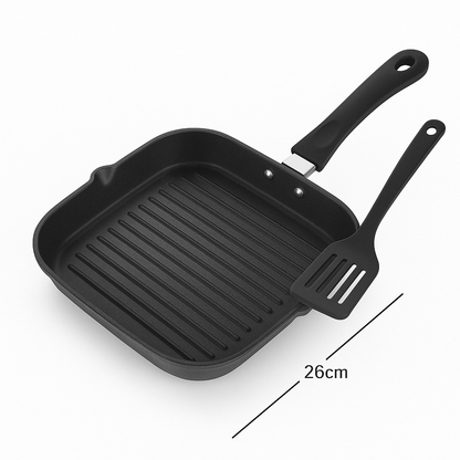 Bright Non-Stick Square Grill Pan – 26cm | 3mm Thick Aluminum Grill Pan with Triple Layer Coating | Free Spatula | ISO Certified | PFOA Free