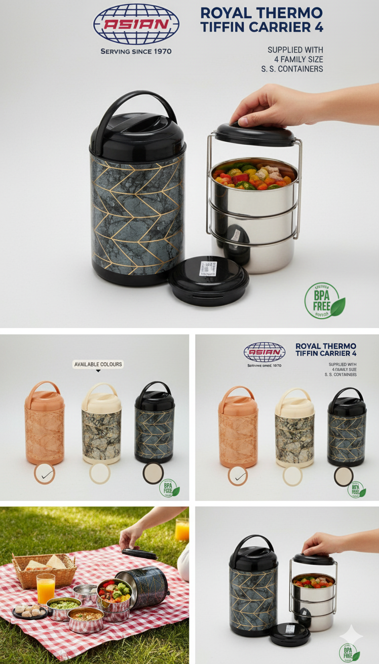 ASIAN Royal Thermo Tiffin Carrier 4 | Insulated Lunch Box with 4 Family-Sized Stainless Steel Containers | PU Insulated Body for Superior Heat Retention | BPA-Free | Lightweight & Ergonomic Handle | Durable Food-Grade Virgin Plastic