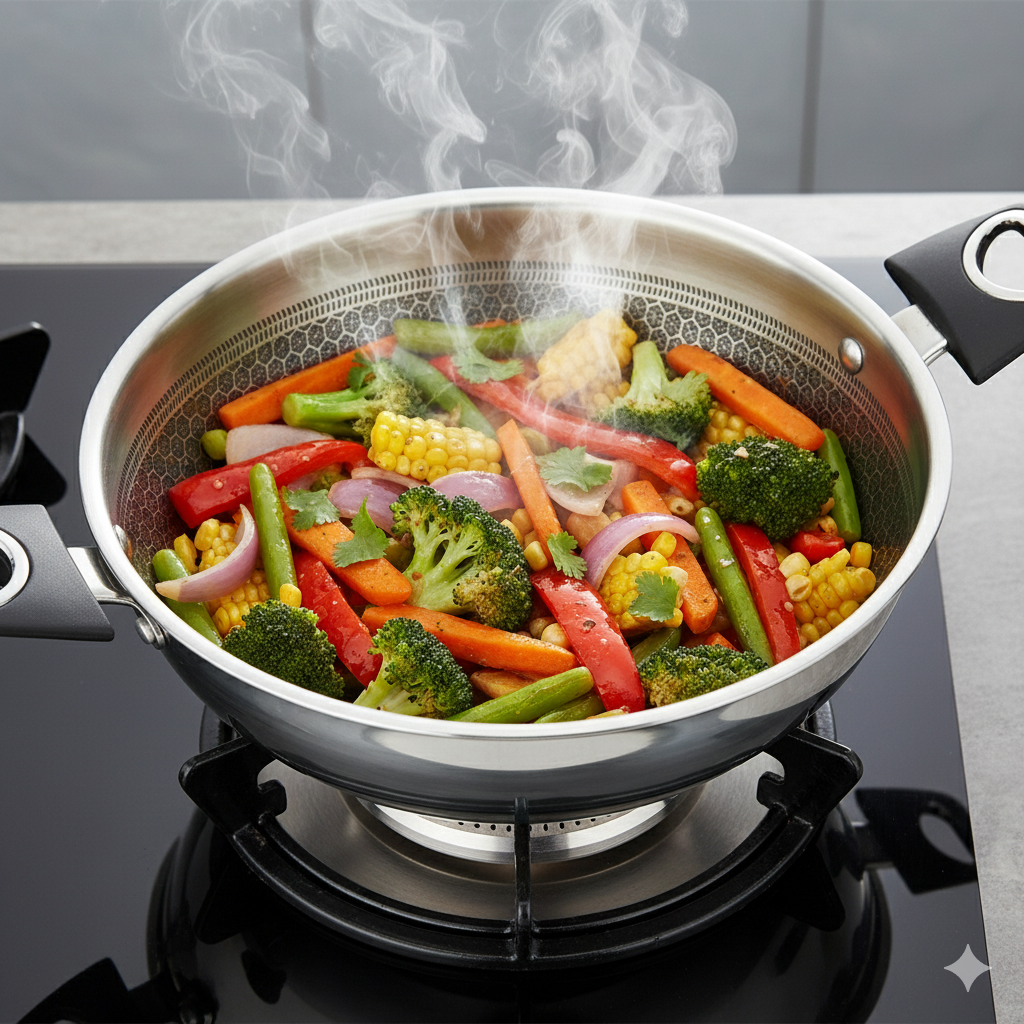 Aristo Honeycomb 26 CM Tri-Ply Stainless Steel Kadhai with Glass Lid - Induction Friendly