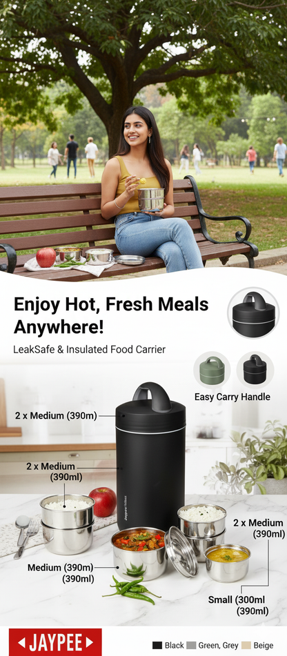 Jaypee HotBoxx Insulated Lunch Box | 4-Tier Leakproof Tiffin with Assorted Size SUS 304 Stainless Steel Containers | Insulated Food Carrier for Office, School & Travel
