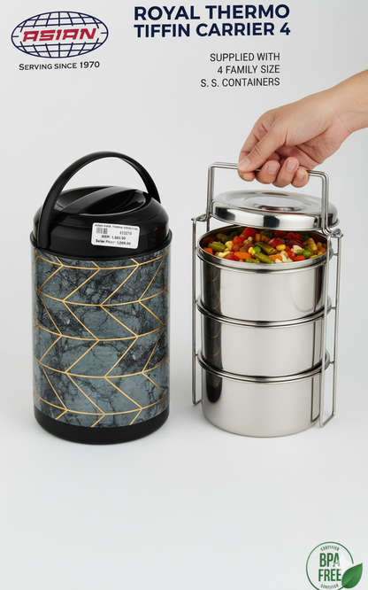 ASIAN Royal Thermo Tiffin Carrier 4 | Insulated Lunch Box with 4 Family-Sized Stainless Steel Containers | PU Insulated Body for Superior Heat Retention | BPA-Free | Lightweight & Ergonomic Handle | Durable Food-Grade Virgin Plastic