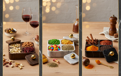 Three panels showing a wooden table with snacks, wine glasses, and spices.