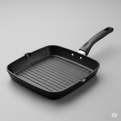 Bright Non-Stick Square Grill Pan – 26cm | 3mm Thick Aluminum Grill Pan with Triple Layer Coating | Free Spatula | ISO Certified | PFOA Free