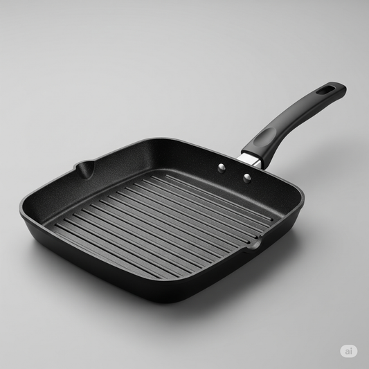 Bright Non-Stick Square Grill Pan – 26cm | 3mm Thick Aluminum Grill Pan with Triple Layer Coating | Free Spatula | ISO Certified | PFOA Free