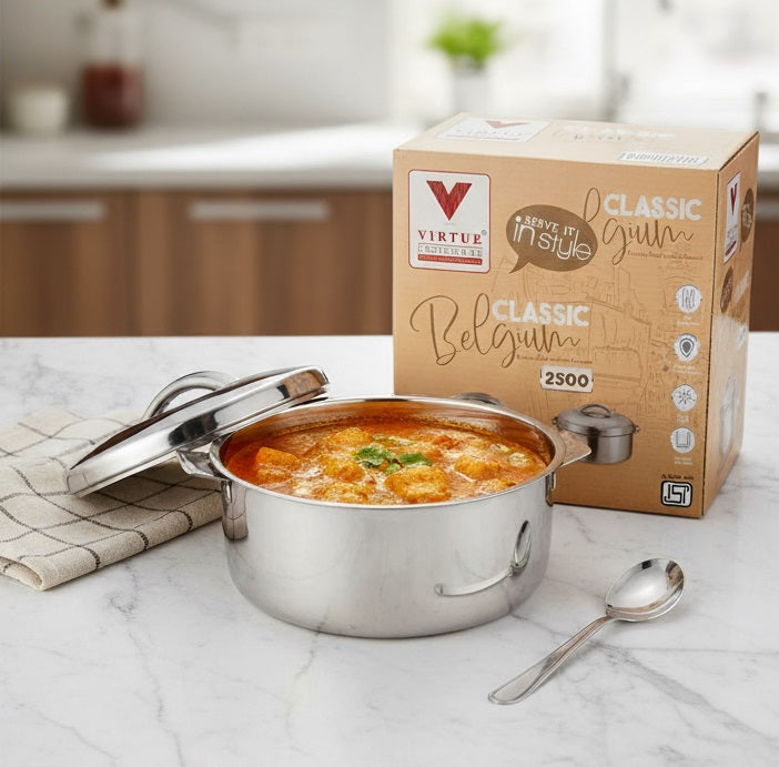 Virtue Homeware Classic Belgium 2500 ML Stainless Steel Insulated Casserole with High Gloss Finish and PU Insulation