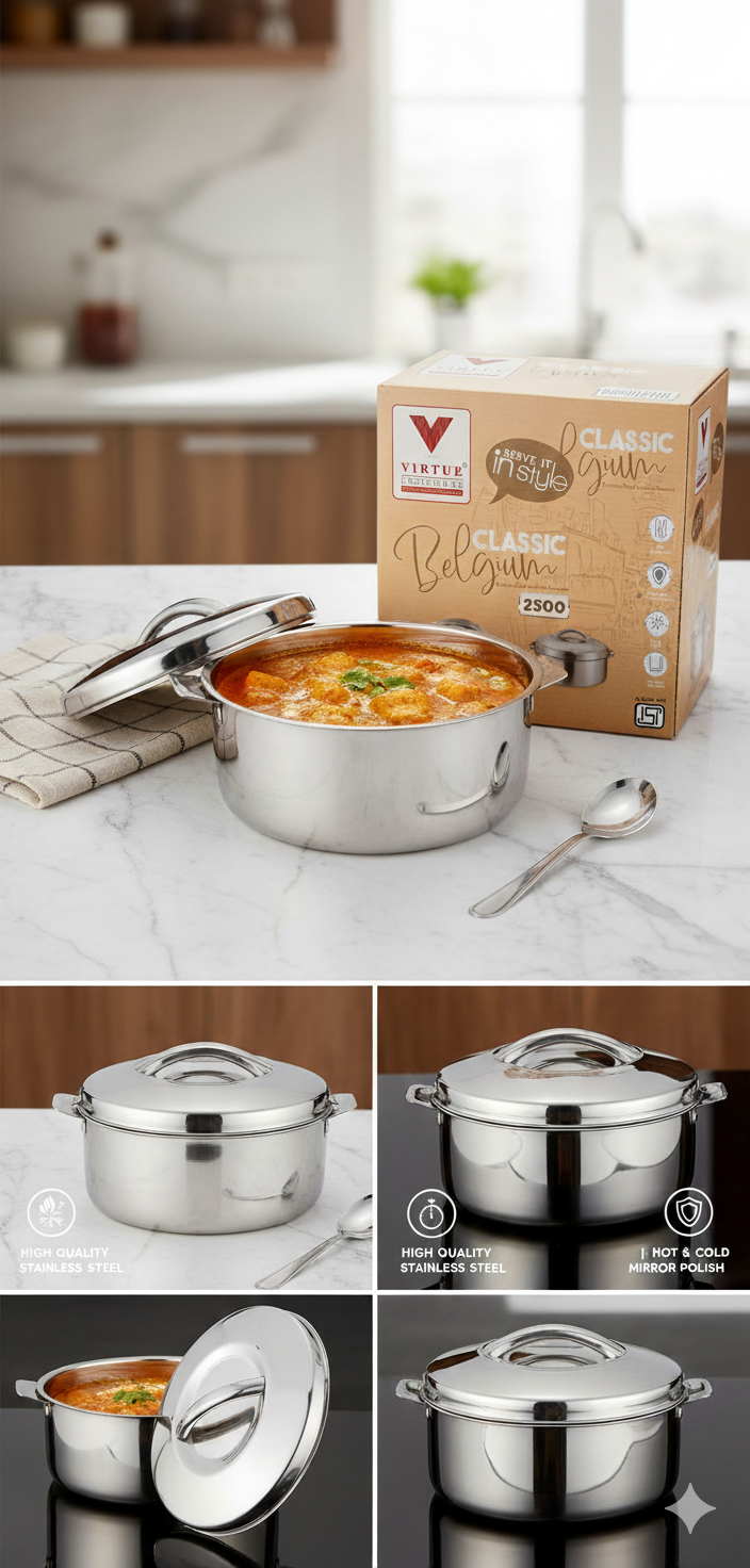 Virtue Homeware Classic Belgium 2500 ML Stainless Steel Insulated Casserole with High Gloss Finish and PU Insulation