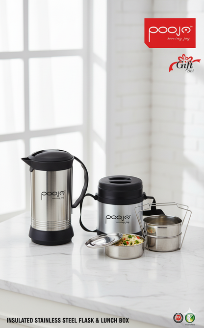 Pooja Elegancy Insulated Stainless Steel Flask & Lunch Box Gift Set - Double Wall Hot & Cold Bottle & Lunch Carrier with Adjustable Belt - ISO 9001:2008 Certified, BPA-Free