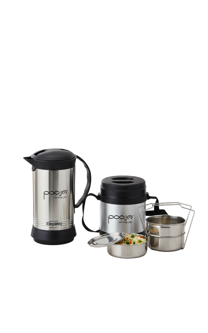 Pooja Elegancy Insulated Stainless Steel Flask & Lunch Box Gift Set - Double Wall Hot & Cold Bottle & Lunch Carrier with Adjustable Belt - ISO 9001:2008 Certified, BPA-Free