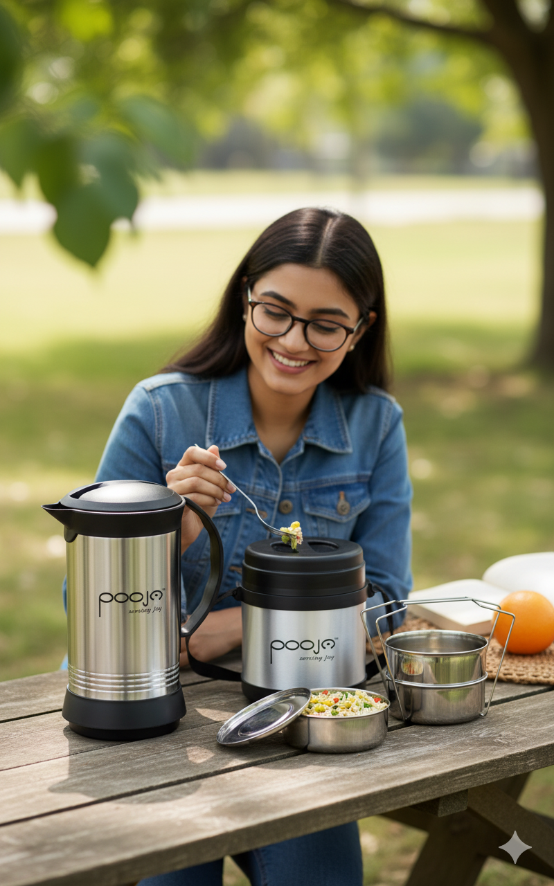 Pooja Elegancy Insulated Stainless Steel Flask & Lunch Box Gift Set - Double Wall Hot & Cold Bottle & Lunch Carrier with Adjustable Belt - ISO 9001:2008 Certified, BPA-Free