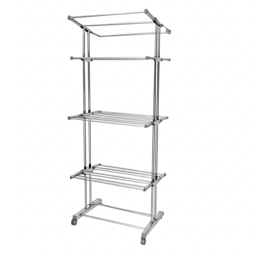 Das Premium 3-Tier Stainless Steel Foldable Drying Rack with Wheels | Space-Saving Heavy Duty Clothes Stand for Indoor & Outdoor Use