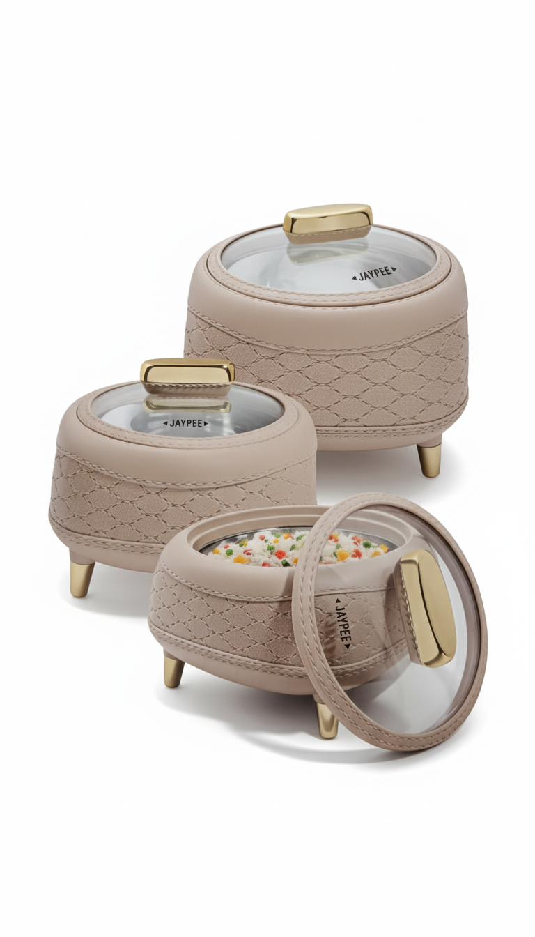JAYPEE Kingston Klass Casserole Set of 3 - Insulated Stainless Steel Inner Hot Pots with Glass Lids