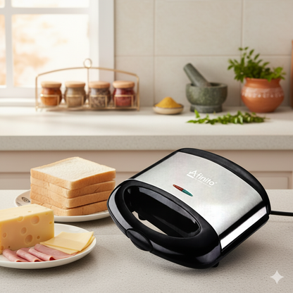 Afinito 750W Deepest Fill Sandwich Maker | Non-Stick Double Teflon Coated Plates | Automatic Thermostat Control & Indicator Lights | Heatproof Body for Quick Toasting