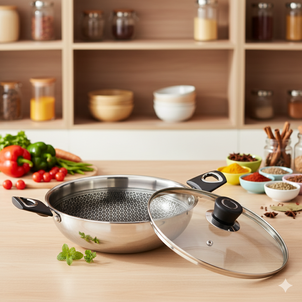 Aristo Honeycomb 26 CM Tri-Ply Stainless Steel Kadhai with Glass Lid - Induction Friendly