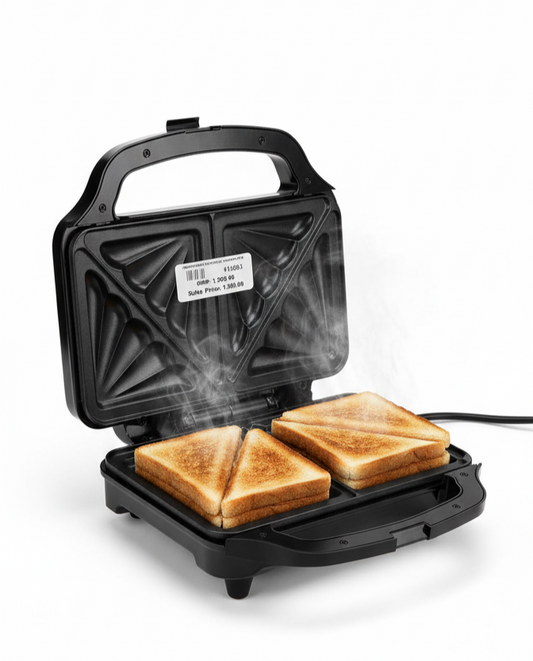 Black sandwich toaster with two slices of toast inside on a white background