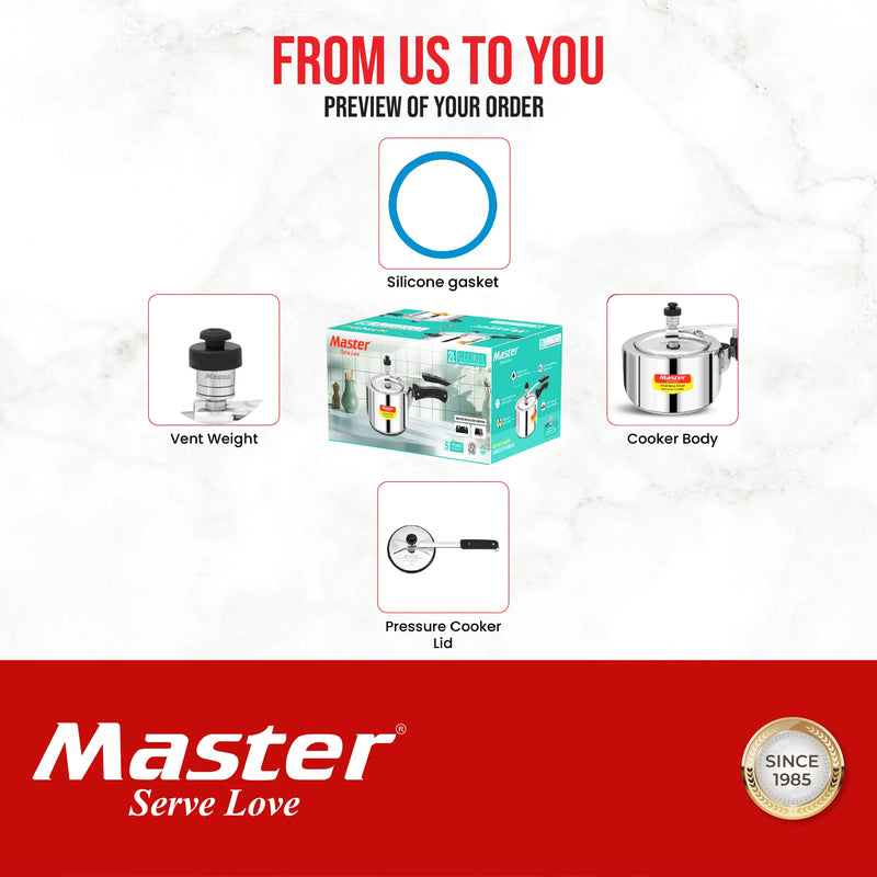 Master Gloria 2 Liter Stainless Steel Pressure Cooker Inner Lid | Cooks for 2-3 Person Meal | Premium Bakelite Handle With Sandwich Bottom | Induction Base & Gas Stove Compatible