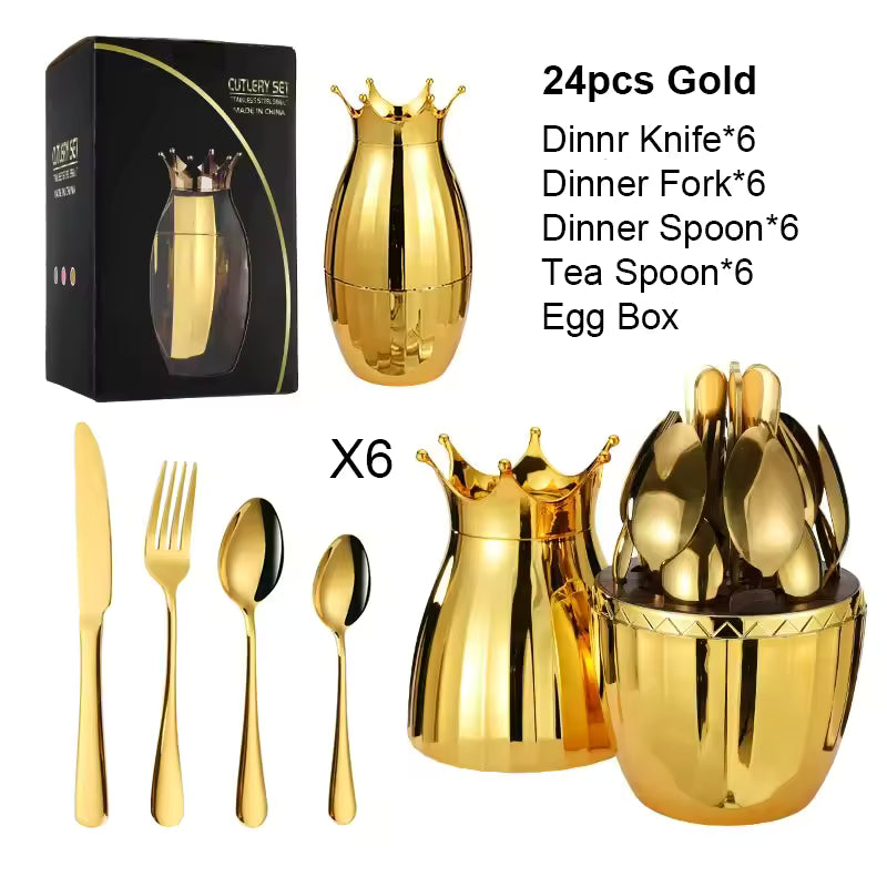Premium 24-Piece Golden Cutlery Set with Stylish Oval Stand