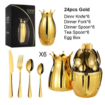 Premium 24-Piece Golden Cutlery Set with Stylish Oval Stand
