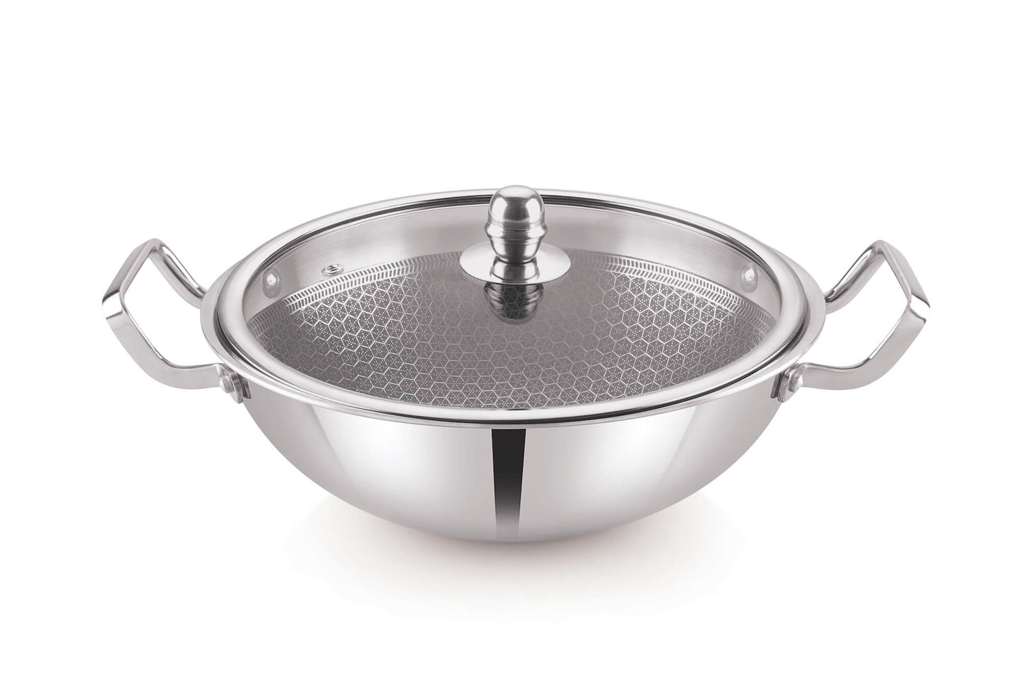 Bright Hexa Series Tri-Ply Deep Kadai with Glass Lid – 22 CM | Induction & Gas Compatible | Stainless Steel Cookware with 4-Layer Coating | 24 Months Warranty