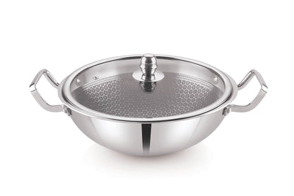 Bright Hexa Series Tri-Ply Deep Kadai with Glass Lid – 22 CM | Induction & Gas Compatible | Stainless Steel Cookware with 4-Layer Coating | 24 Months Warranty