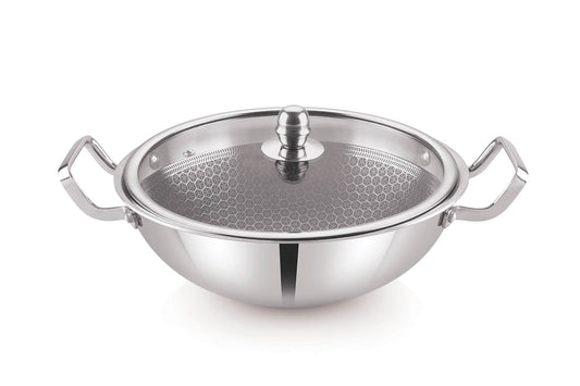 Bright Hexa Series Tri-Ply Deep Kadai with Glass Lid – 22 CM | Induction & Gas Compatible | Stainless Steel Cookware with 4-Layer Coating | 24 Months Warranty