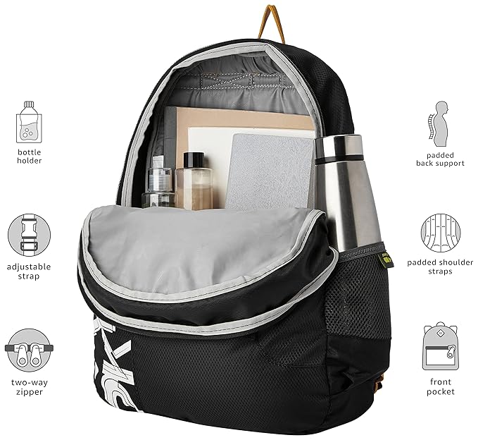 Skybags Casual Standard Backpack 28L, 2 Main Compartments, Bottle Pocket, Front Pocket, Padded Shoulder Straps | Black