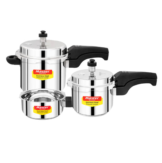 Master Magnum Trio Stainless Steel Outer Lid Pressure Cooker Combo - 5L + 3L + 2L Pan - Induction Base