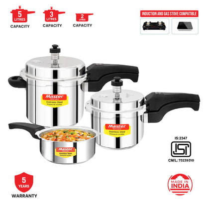 Master Magnum Trio Stainless Steel Outer Lid Pressure Cooker Combo - 5L + 3L + 2L Pan - Induction Base