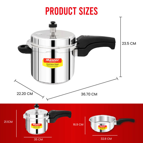 Master Magnum Trio Stainless Steel Outer Lid Pressure Cooker Combo - 5L + 3L + 2L Pan - Induction Base