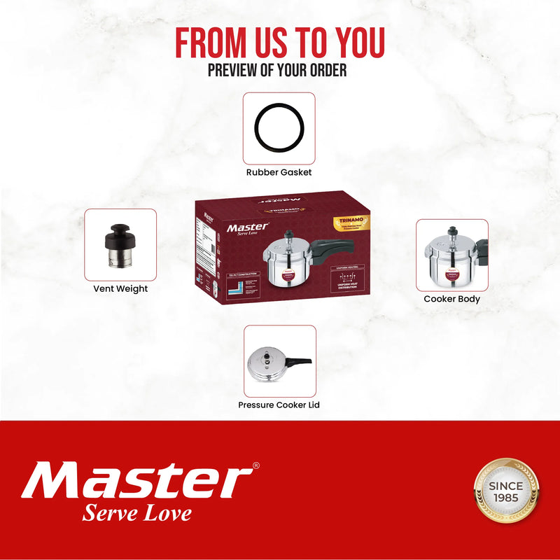 Master Trinamo 1.5 Liter Tri Ply Pressure Cooker Outer Lid | Cooks for 1-2 Person Meal | Premium Bakelite Safe Grip Handle | Induction Base & Gas Stove Compatible