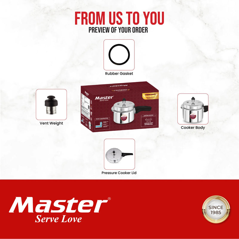 Master Trinamo 2 Liter Tri Ply Pressure Cooker Outer Lid | Cooks for 2-3 Person Meal | Premium Bakelite Safe Grip Handle | Induction Base & Gas Stove Compatible