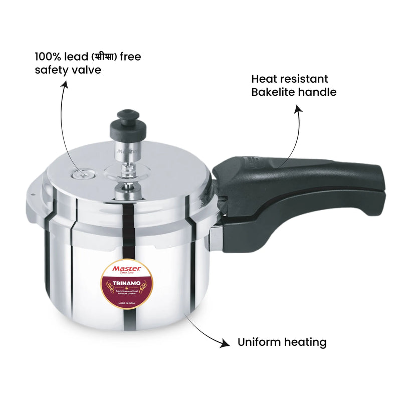 Master Trinamo 1.5 Liter Tri Ply Pressure Cooker Outer Lid | Cooks for 1-2 Person Meal | Premium Bakelite Safe Grip Handle | Induction Base & Gas Stove Compatible