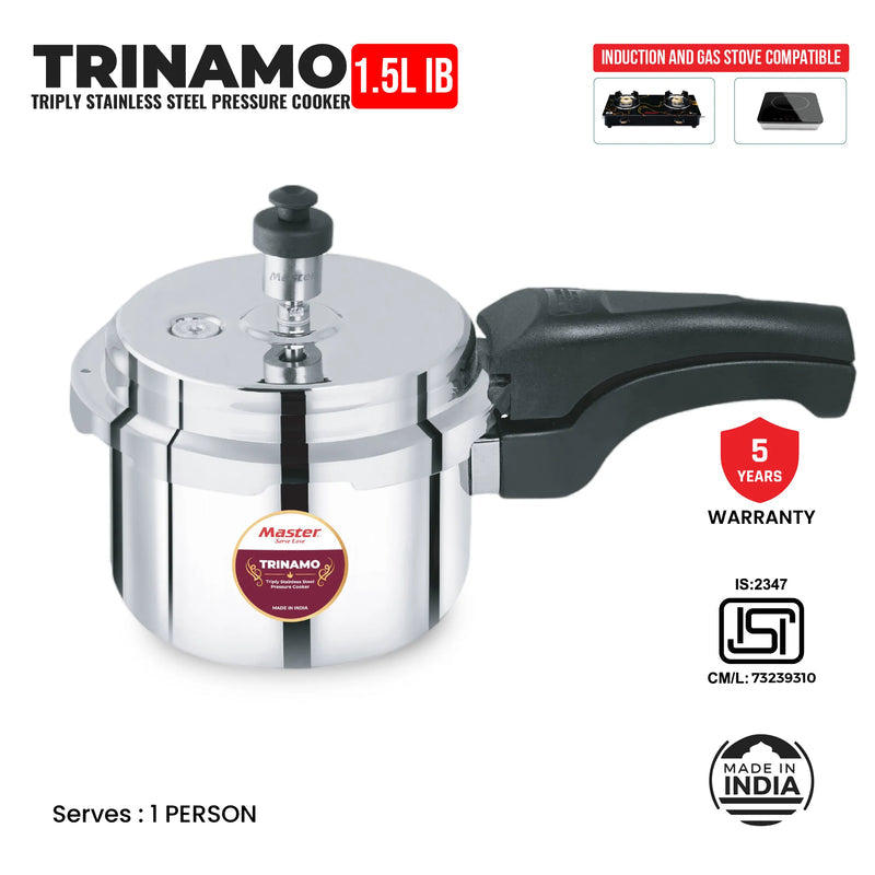 Master Trinamo 1.5 Liter Tri Ply Pressure Cooker Outer Lid | Cooks for 1-2 Person Meal | Premium Bakelite Safe Grip Handle | Induction Base & Gas Stove Compatible