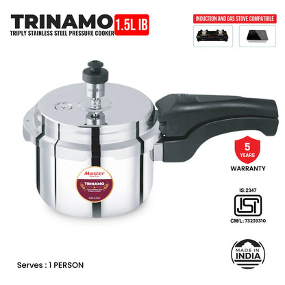 Master Trinamo 1.5 Liter Tri Ply Pressure Cooker Outer Lid | Cooks for 1-2 Person Meal | Premium Bakelite Safe Grip Handle | Induction Base & Gas Stove Compatible