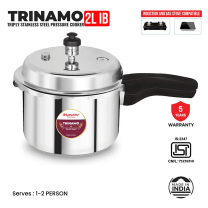 Master Trinamo 2 Liter Tri Ply Pressure Cooker Outer Lid | Cooks for 2-3 Person Meal | Premium Bakelite Safe Grip Handle | Induction Base & Gas Stove Compatible