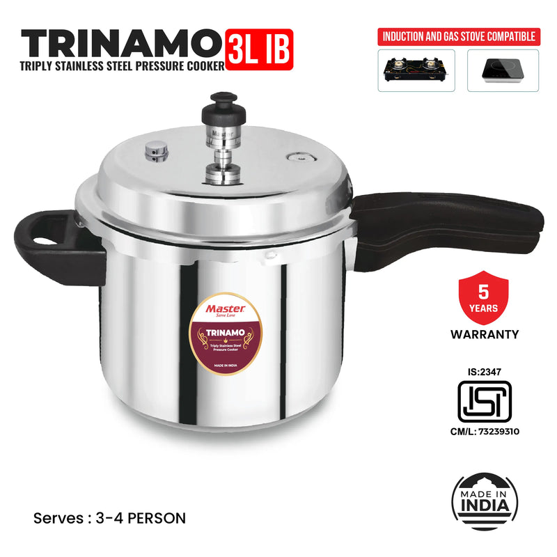 Master Trinamo 3 Liter Tri Ply Pressure Cooker Outer Lid | Cooks for 3-4 Person Meal | Premium Bakelite Safe Grip Handle | Induction Base & Gas Stove Compatible