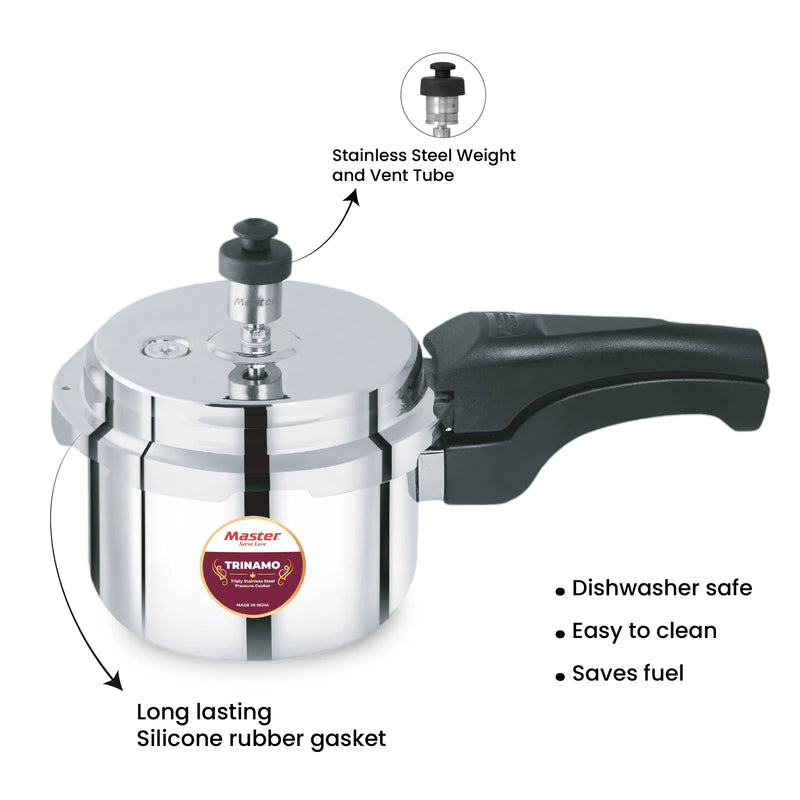 Master Trinamo 1.5 Liter Tri Ply Pressure Cooker Outer Lid | Cooks for 1-2 Person Meal | Premium Bakelite Safe Grip Handle | Induction Base & Gas Stove Compatible