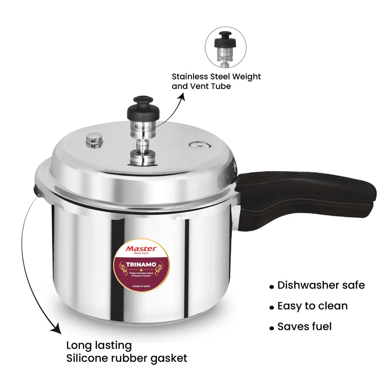 Master Trinamo 2 Liter Tri Ply Pressure Cooker Outer Lid | Cooks for 2-3 Person Meal | Premium Bakelite Safe Grip Handle | Induction Base & Gas Stove Compatible