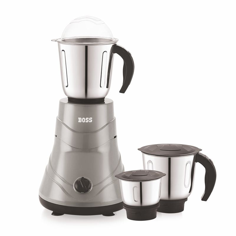 BOSS Alpha 750W Mixer Grinder with Powerful Motor, 5 years warranty* & Overload Protection, 3 Stainless Steel Jars, Gray