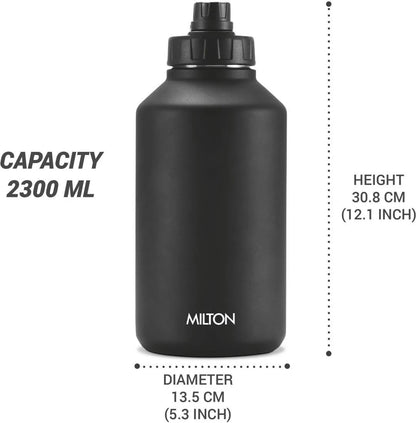 Milton Torrent 2200 Thermosteel Insulated Water Bottle, 2300 ml, Black | Easy Grip | Leak Proof | Hot or Cold | School | Travel Bottle