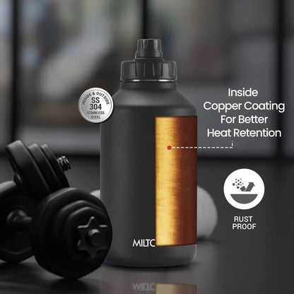 Milton Torrent 2200 Thermosteel Insulated Water Bottle, 2300 ml, Black | Easy Grip | Leak Proof | Hot or Cold | School | Travel Bottle