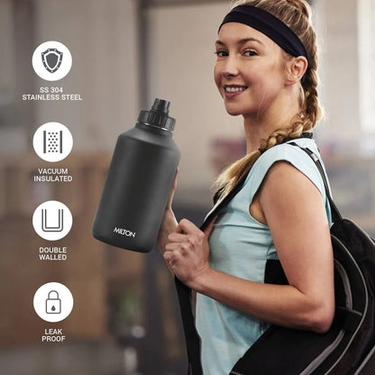 Milton Torrent 2200 Thermosteel Insulated Water Bottle, 2300 ml, Black | Easy Grip | Leak Proof | Hot or Cold | School | Travel Bottle
